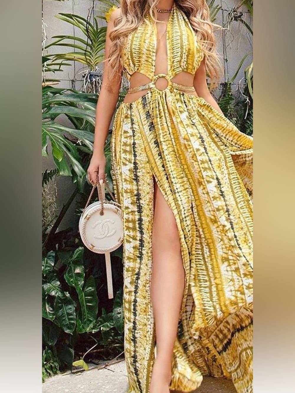 NWT Luxxel Yellow Patterned Maxi Skirt with Front Slit